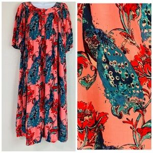 Go Softly Patio Coral Peacock Print House Dress Size L